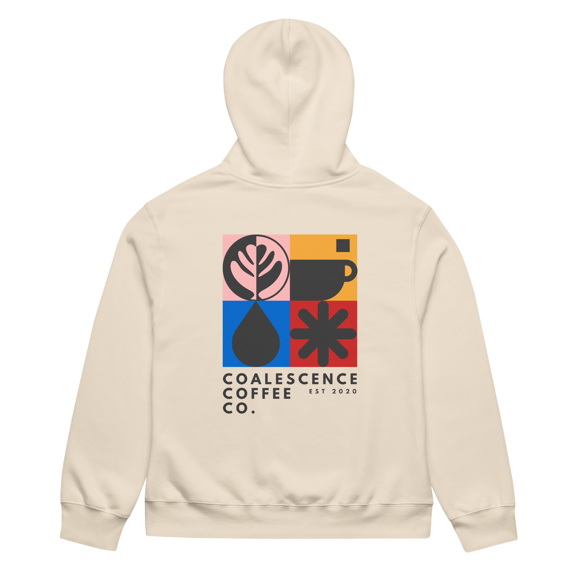 Beige hoodie with colorful graphic on front